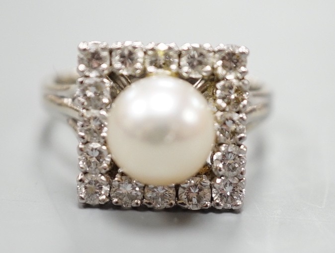 A white metal, cultured pearl and diamond set square cluster ring, size M, gross weight 5.5 grams.